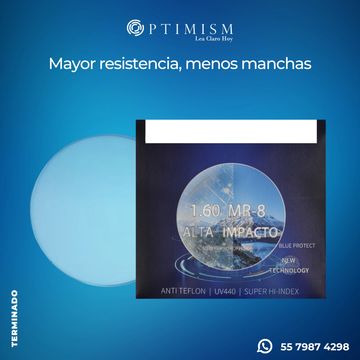Mica ultra resistente, anti manchas, hidrofóbica, material 1.60 MR-8