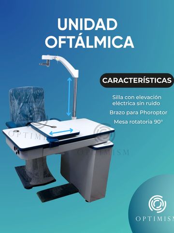 Unidad oftálmica con silla eléctrica y mesa rotatoria.